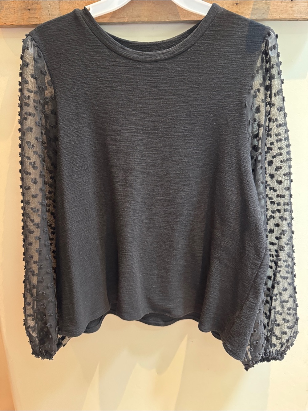 Maeve Black Textured Knit Top with Sheer Dotted Long Sleeves